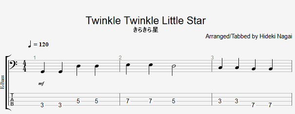 ベースの無料楽譜・タブ譜 きらきら星 1｜タブストック TabStock