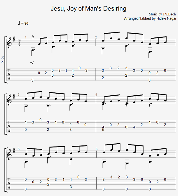 ソロギターの無料楽譜・タブ譜 主よ人の望みの喜びよ 1｜タブストック TabStock