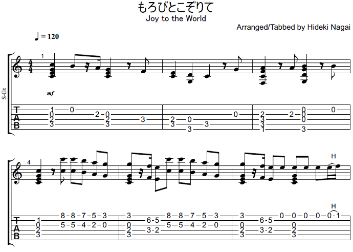ソロギターの無料楽譜・タブ譜 もろびとこぞりて 1｜タブストック TabStock