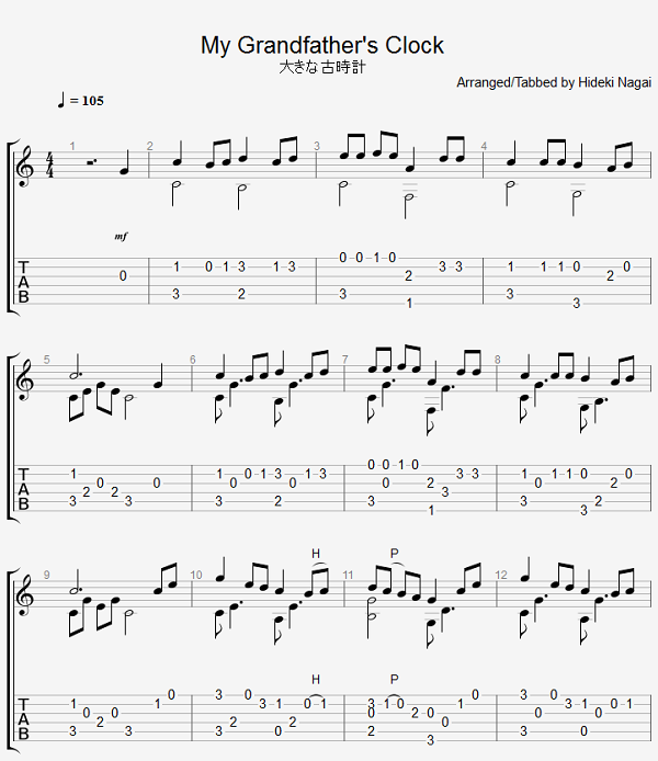 ソロギターの無料楽譜・タブ譜 大きな古時計 1｜タブストック TabStock