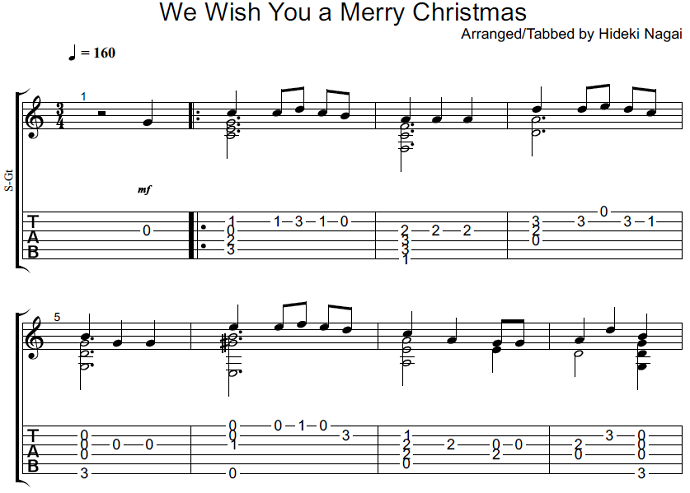 ソロギターの無料楽譜・タブ譜 We Wish You a Merry Christmas 1｜タブストック TabStock